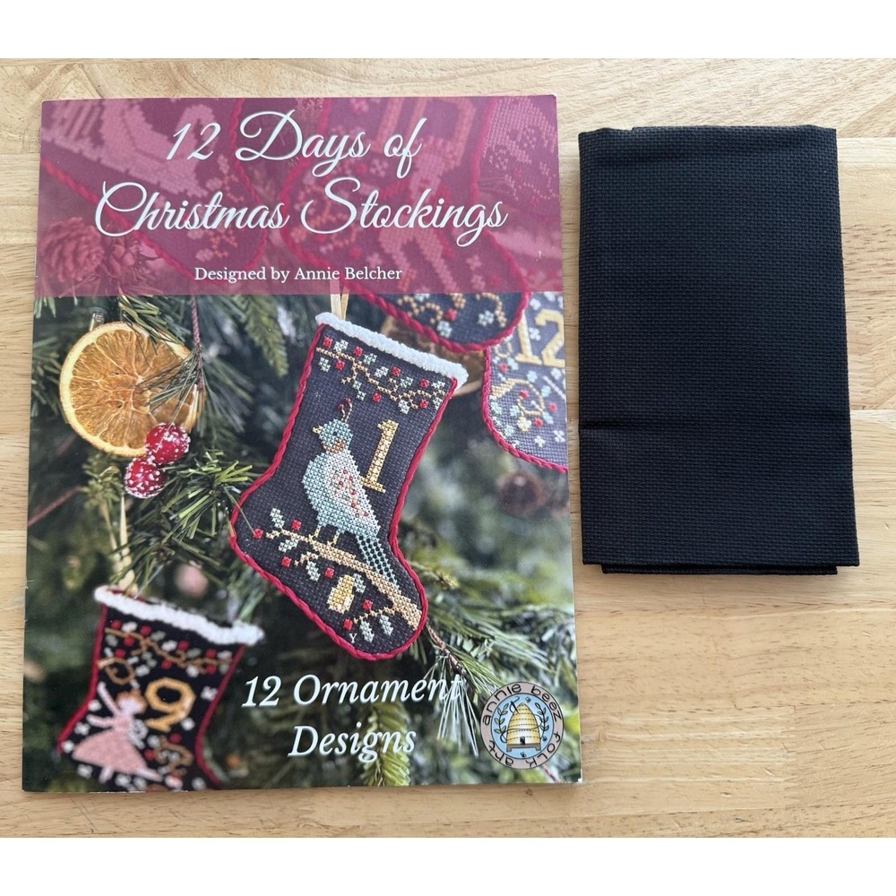 12 Days of Christmas Stockings Pattern Booklet w Black Aida Cloth - Annie Beez